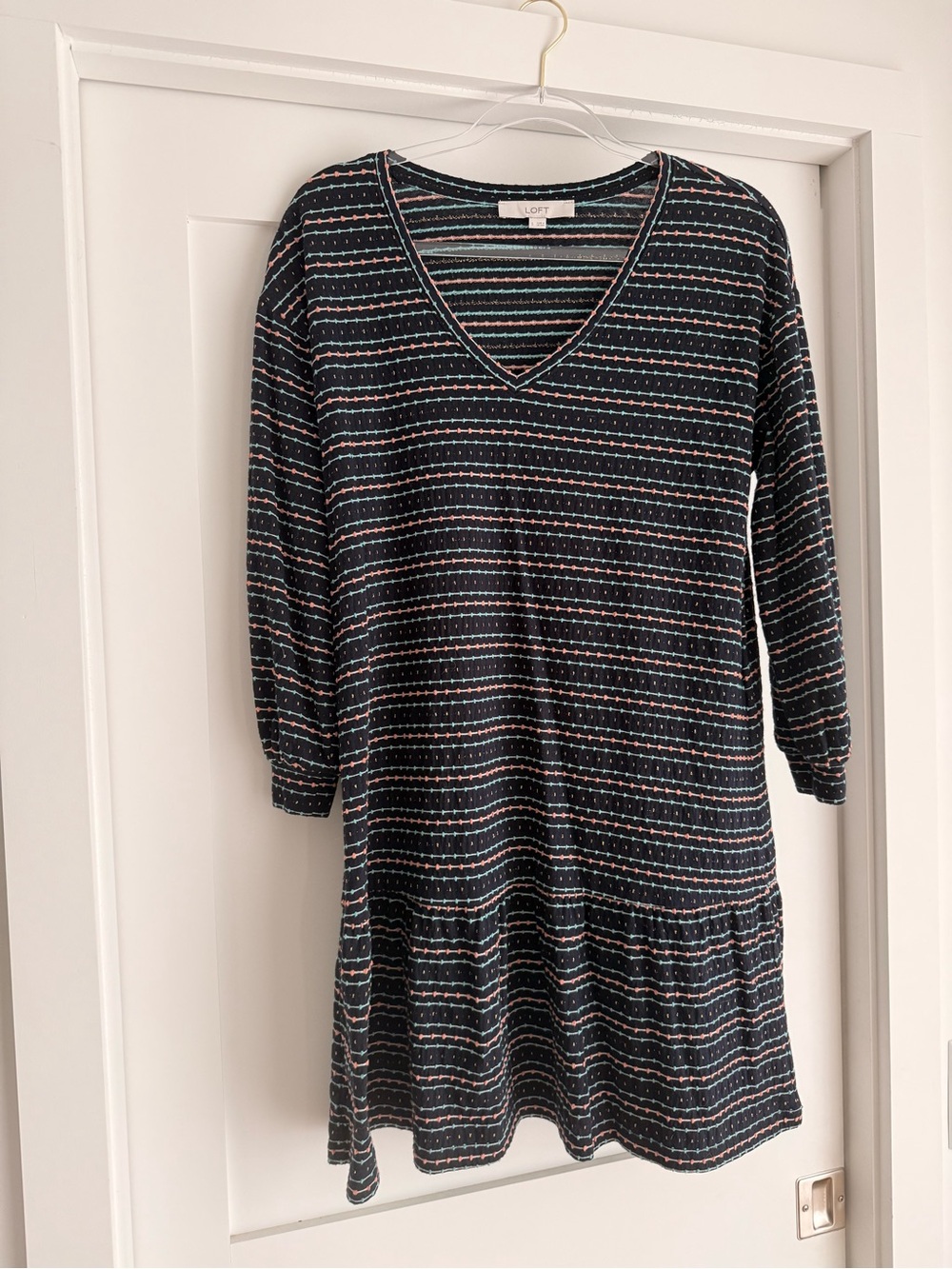 LOFT Navy Knit Dress with Mint and Coral Stripes